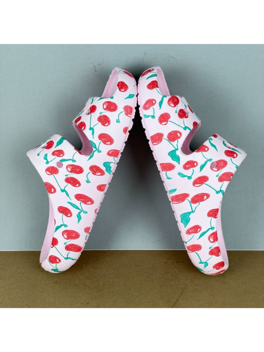 Crocs Pink Cherry Pattern Slide Sandals Womens 9 Pink Red Green Slip On - Picture 5 of 10